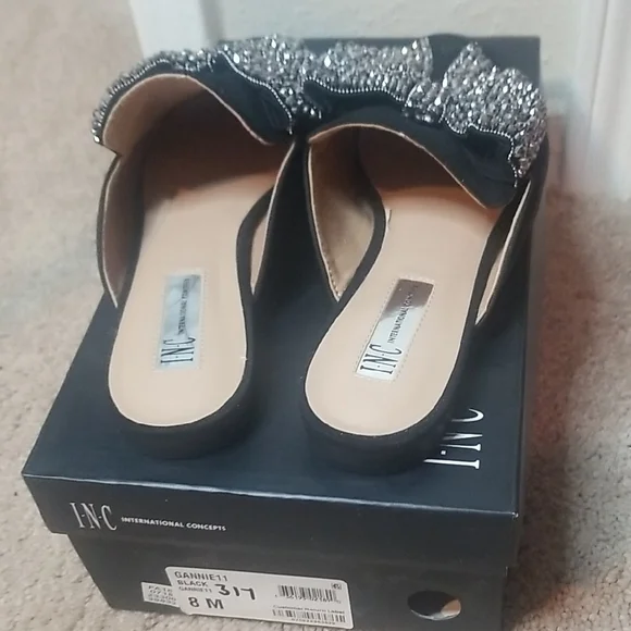 INC International Concepts Black and Silver Mules with Crystal Bow - Picture 5 of 5